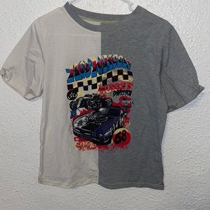 2-tone racecar themed shirt.